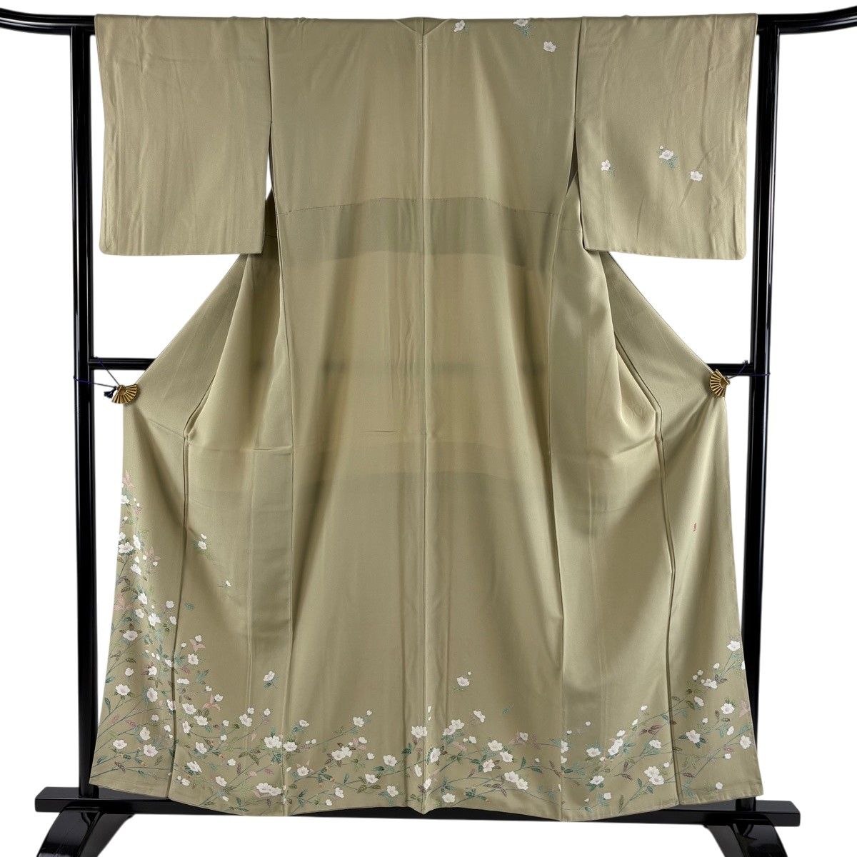 訪問着 身丈157.5cm 裄丈63cm S 袷 落款 椿 草花 ベージュ 正絹 秀品 