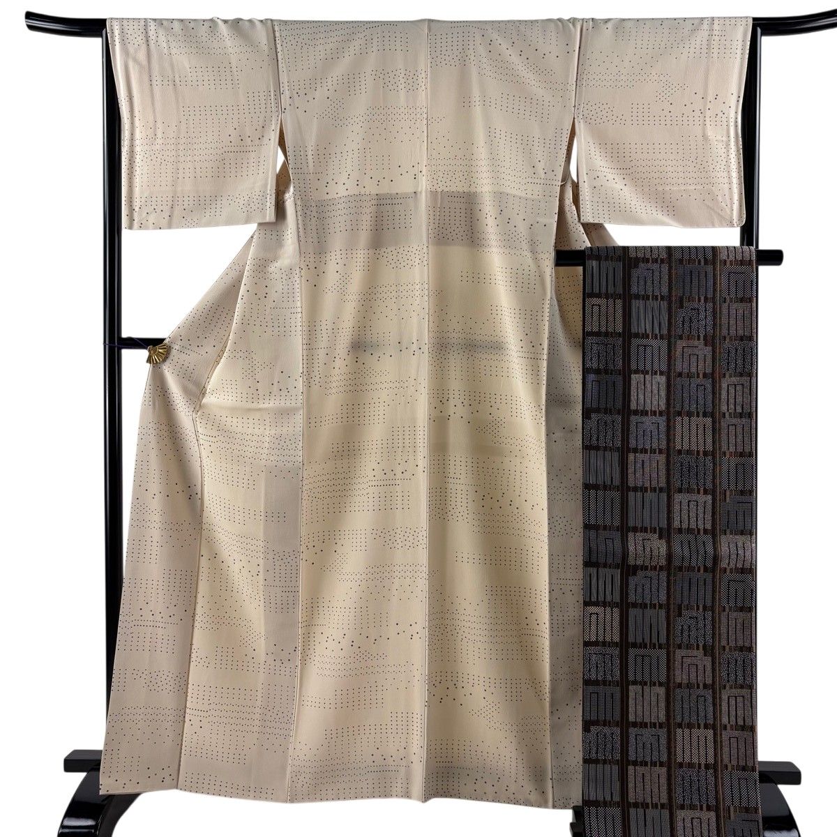 【美品】 小紋 身丈164.5cm 裄丈66cm M 袷 袋帯セット 背抜き ドット 幾何学 ベージュ 正絹 秀品 【中古】