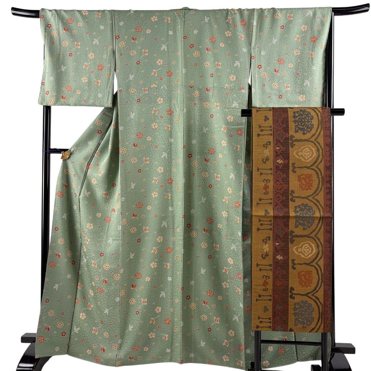 小紋 身丈166cm 裄丈67cm M 袷 名古屋帯セット 蝶 花 灰緑 正絹 秀品 【中古】