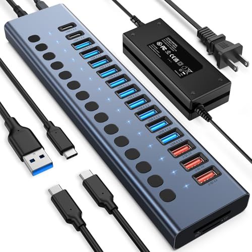 電源付き USB ハブ 10Gbps 17 ポート 96W USB 3.2 ハブ（USB-A 3.2×10 + QC 24W 急速充電 ×3 + USB-C 3.2×2 + SD/TF カードリーダー）12V/8A 電源アダプター付き ノート 3dccc894
