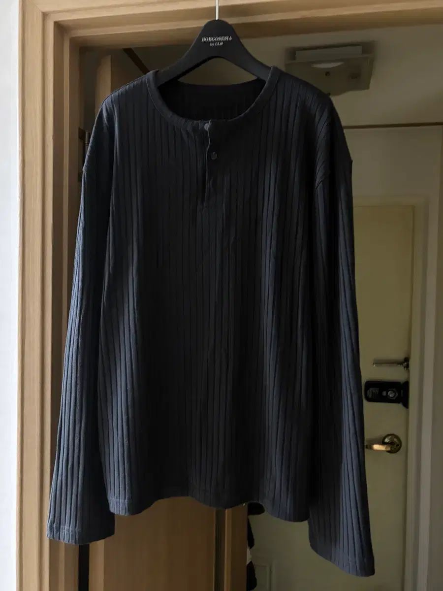 XL) Dnsr リブド ヘンリーネック ロングスリーブ チャコール