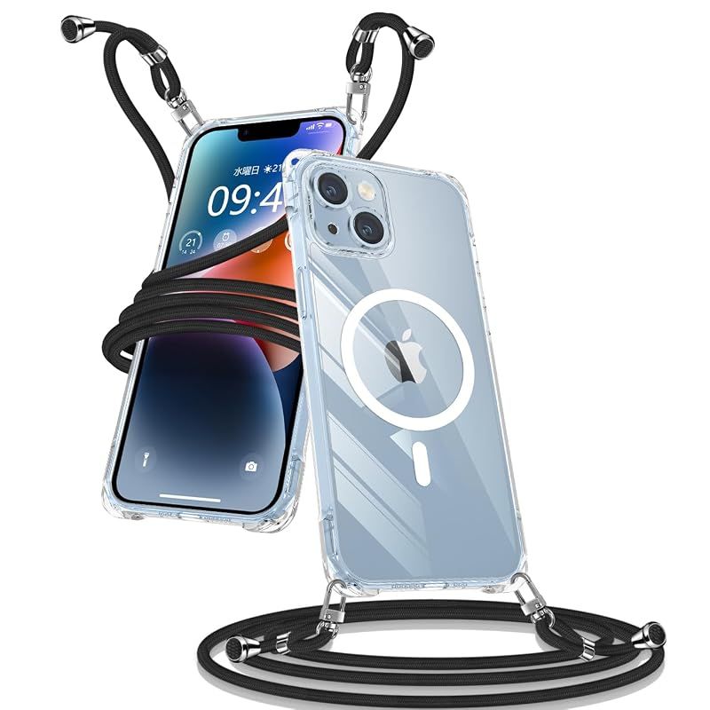 【新品】 【kondiobon】 iPhone 14 ケース MagSafe対応 ストラップ付き(紐付き・ひも付き)クリアケース|ストラップホール付き|日本製900D高密度編みストラップ|両手が使える落下防止設計|買い物・旅行・散歩・ちょっとした外出に便利 0