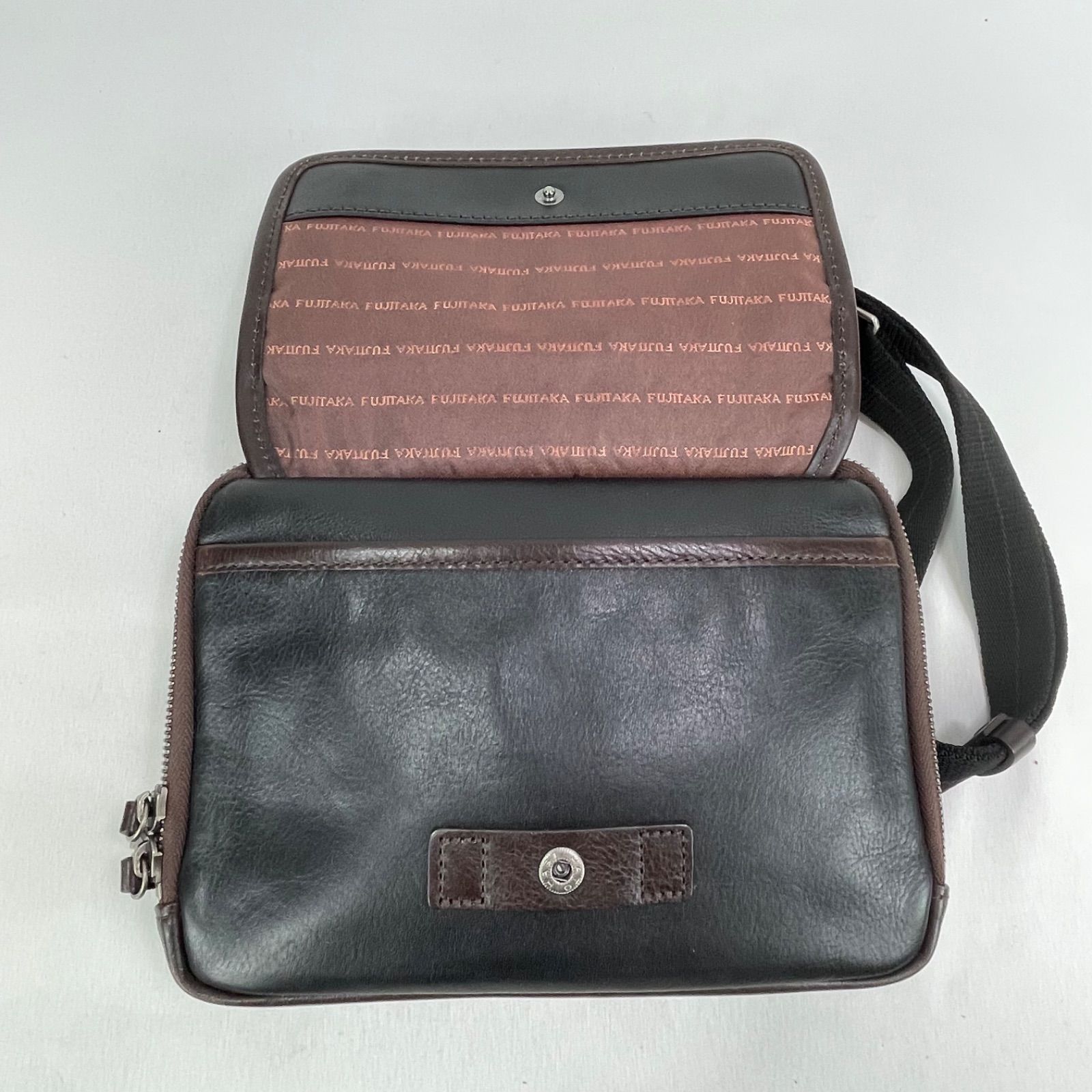 美品】フジタカ FUJITAKA レザー ショルダーバッグ 黒 茶 バイカラー