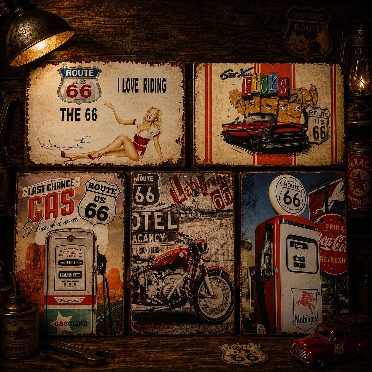 Route66 ブリキ看板 5枚セット アメリカン雑貨 ガレージインテリア