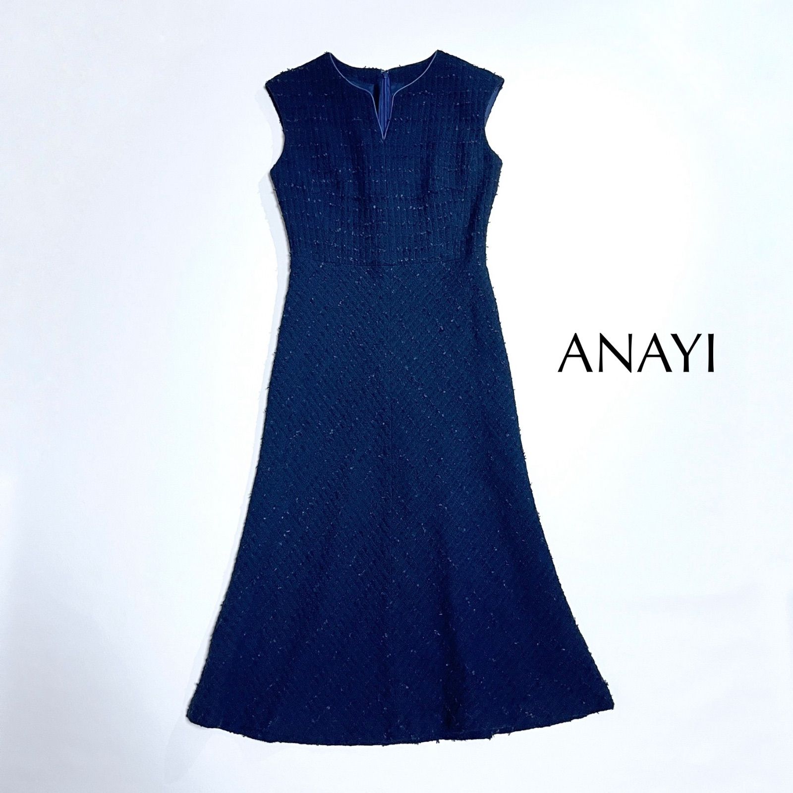 kT29 ANAYI ミックスツイードマーメイドワンピース ノースリーブ キーネック パイピング ロングワンピース 36 ネイビー 紺 アナイ 定価61,600円