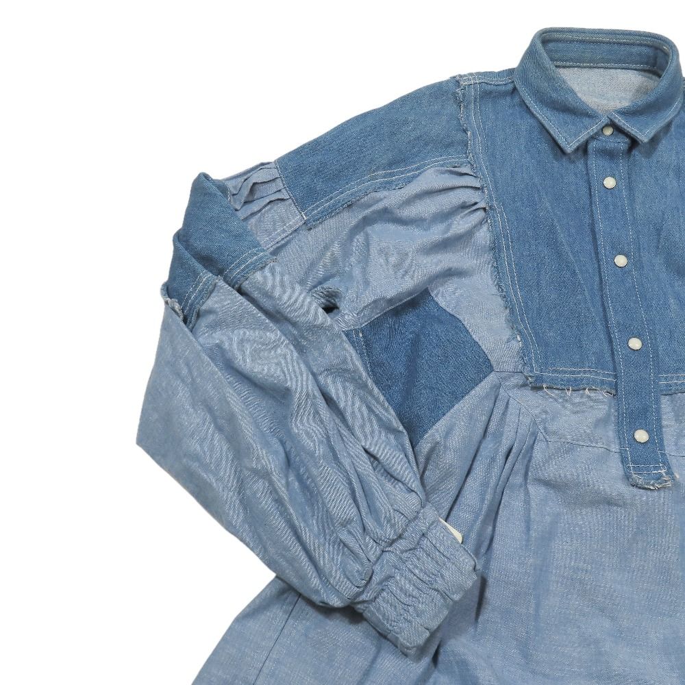 サカイ sacai デニム切替シャツワンピース プルオーバー 長袖 膝丈ハーフ Sacai サカイ デニムワンピース チュニック 17-02958 長袖 フレア