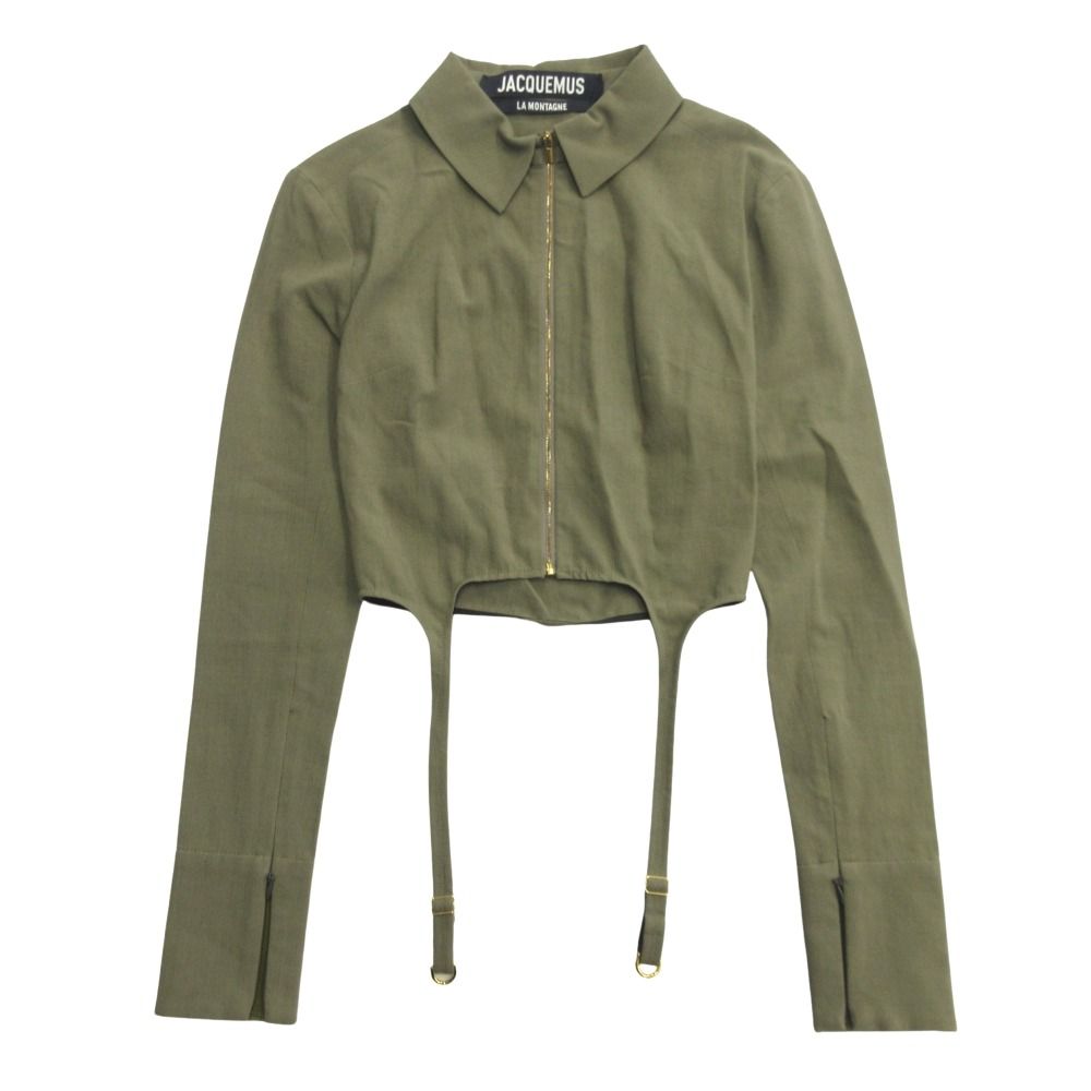 未使用 JACQUEMUS ジャックムス 21aw LA CHEMISE DRAIO バックオープン クロップド ジャケット ストラップ ランウェイ着用 34 カーキ レディース 古着 中古 USED