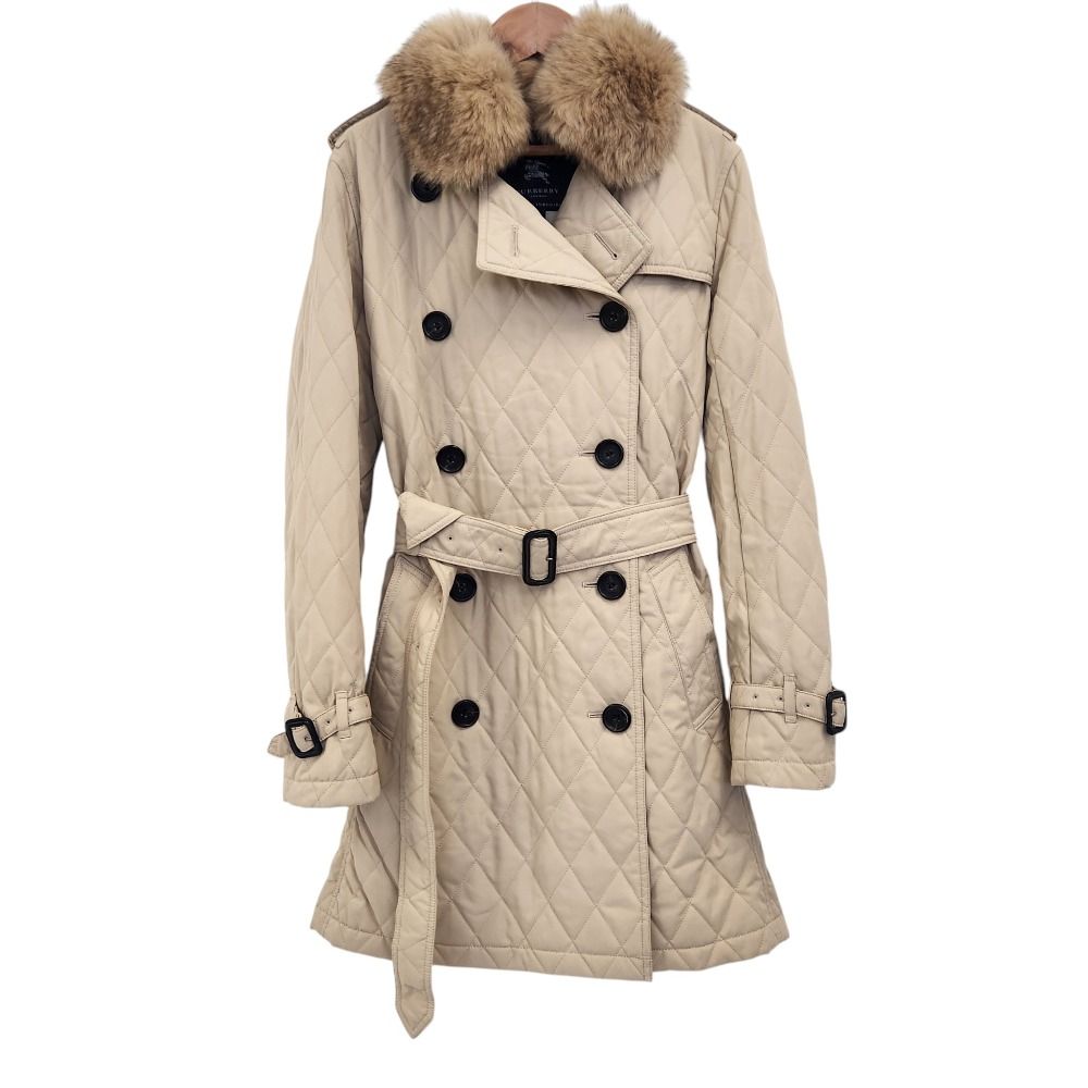 美品 BURBERRY LONDON バーバリーロンドン フォックスファー パデッド トレンチコート 38 ベージュ レディース 古着 中古 USED