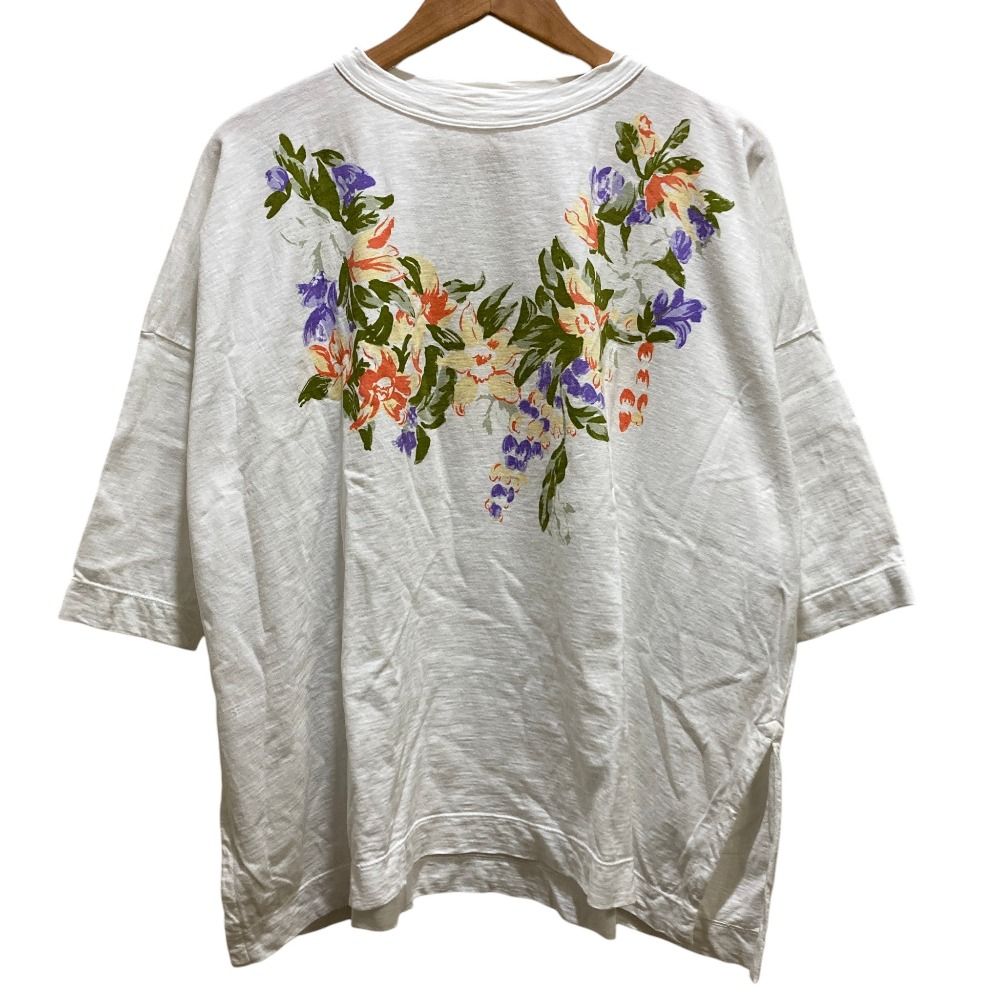 美品 45R フォーティファイブアール レイレイプリントのビッグスリットTシャツ 半袖 カットソー ホワイト レディース 古着 中古 USED