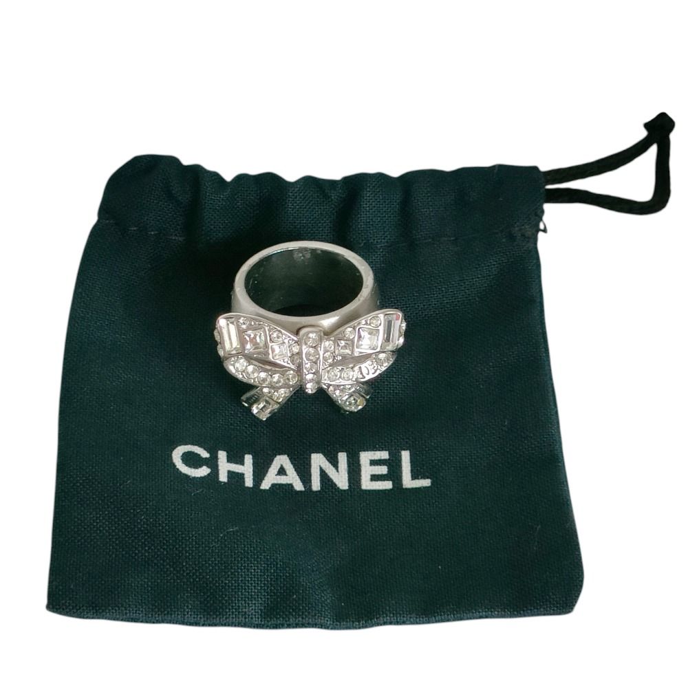良品 CHANEL シャネル ラインストーン リボンモチーフ リング 指輪 