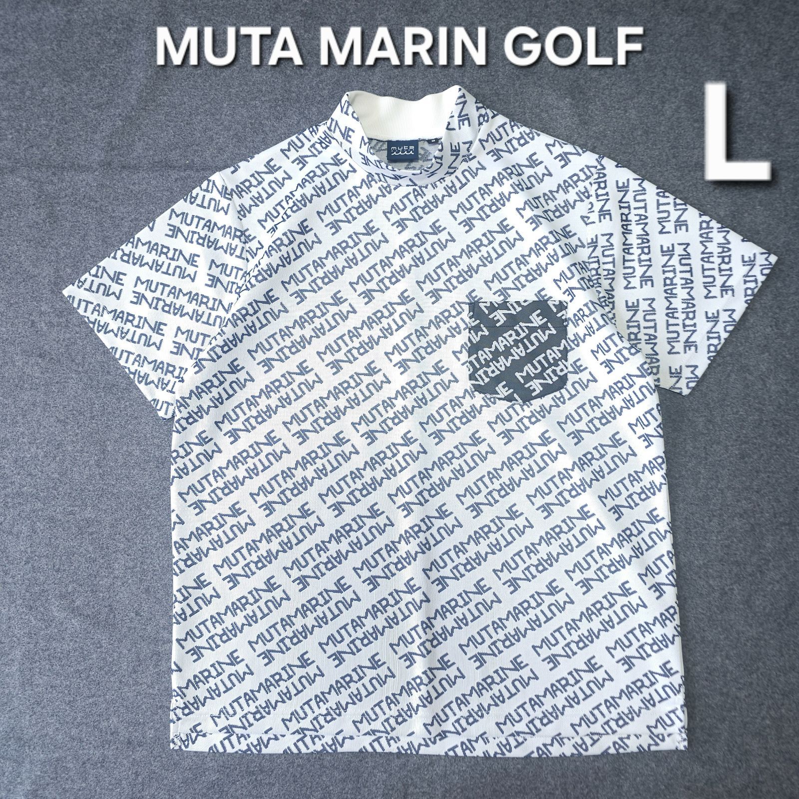 【?値下げ交渉受付中】極美品 MUTA MARINE GOLF 近年モデル モックネックシャツ 総柄 半袖 ゴルフポロシャツ L 6 ホワイト×ライトグレー ストレッチ 速乾素材 ムータマリンゴルフ