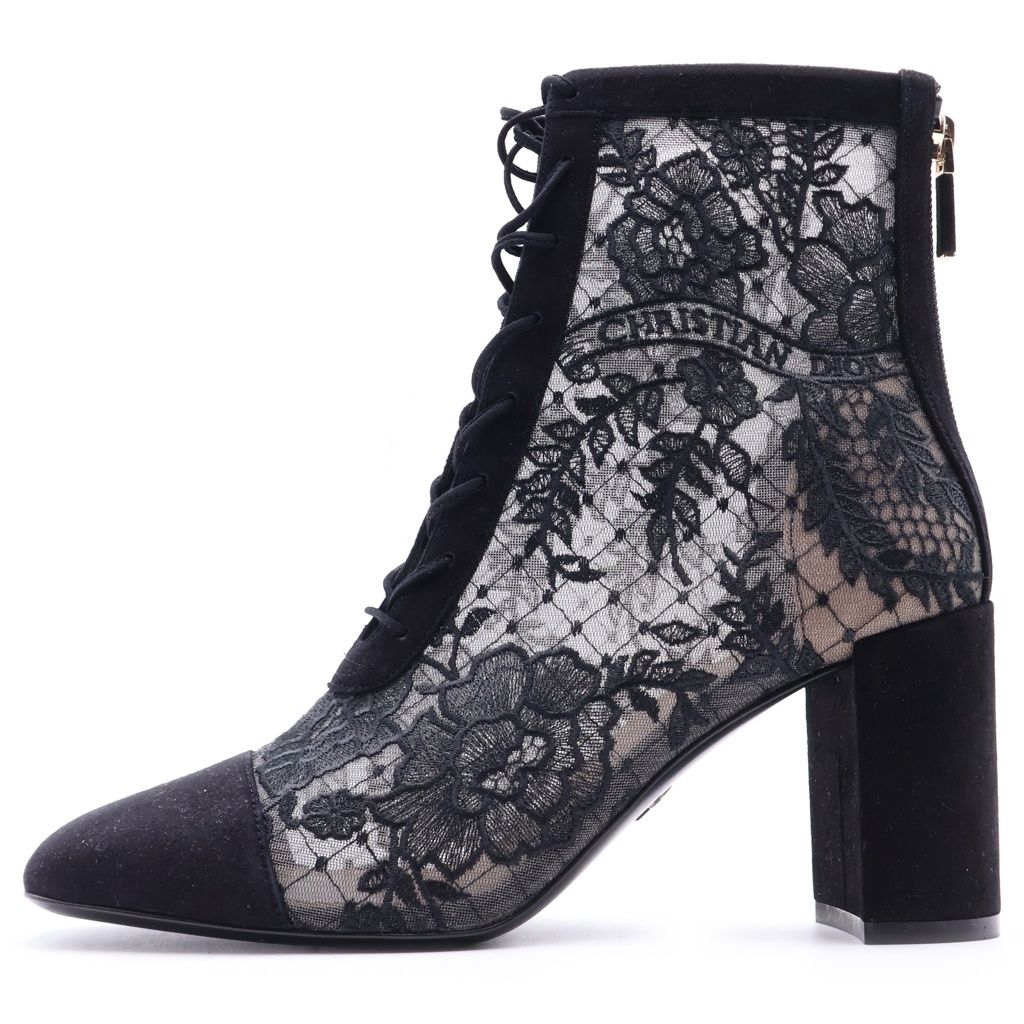 Christian Dior (クリスチャンディオール) レースデザイン ノーティリーディーヒール ショートブーツ ブラック レディース