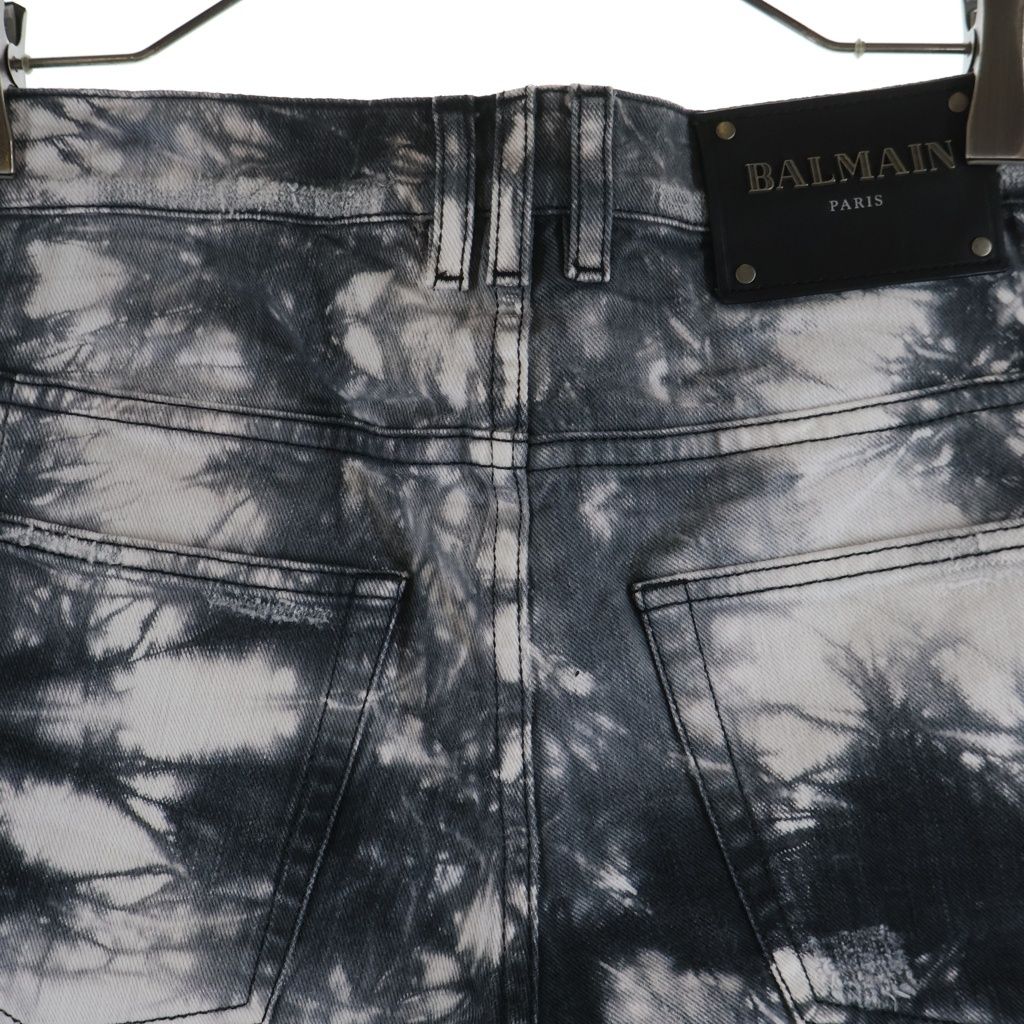 BALMAIN バルマン ダメージ加工 ダブルジップ デニム ハーフパンツ ブラック/ホワイト S8H5151T127 BALMAIN (バルマン) ダメージ加工 ダブルジップ デニム ハーフパンツ