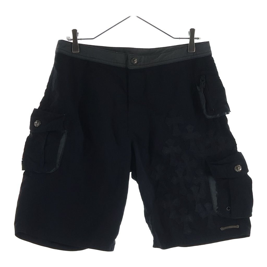 CHROME HEARTS (クロムハーツ) CEMETERY CROSS PATCH SWIM PANTS CRS BTN クロスボールボタン スクロールラベル付 ハーフパンツ ブラック