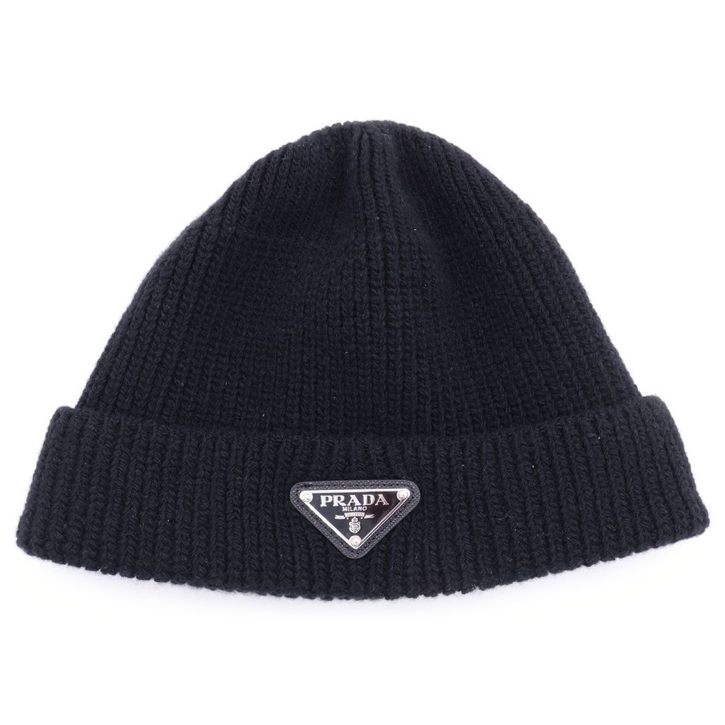 PRADA (プラダ) トライアングルロゴプレート カシミヤ混 ウール ニットキャップ 帽子 ビーニー ブラック 2HC42