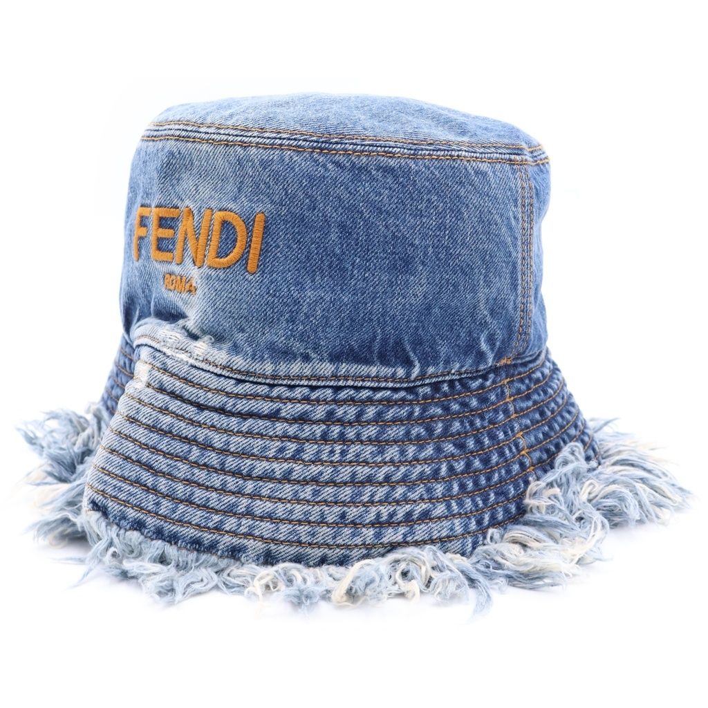 FENDI (フェンディ) ロゴ刺繍 カットオフ デニム フリンジ バケットハット 帽子 インディゴ FXQ963 AN9JS