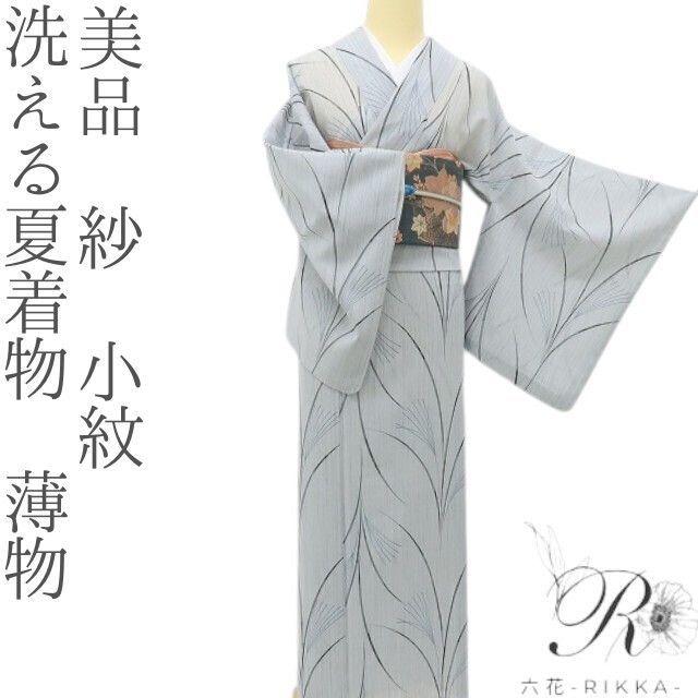 六花-RIKKA- 美品 洗える夏着物 薄物 紗❀夏風とススキの涼遊び❀小紋 着物 A5459