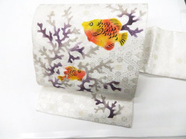 【京松】九寸名古屋帯 未使用 オリジナル 西陣織 お太鼓柄 魚 証紙付 正絹 美品 r8b06-128