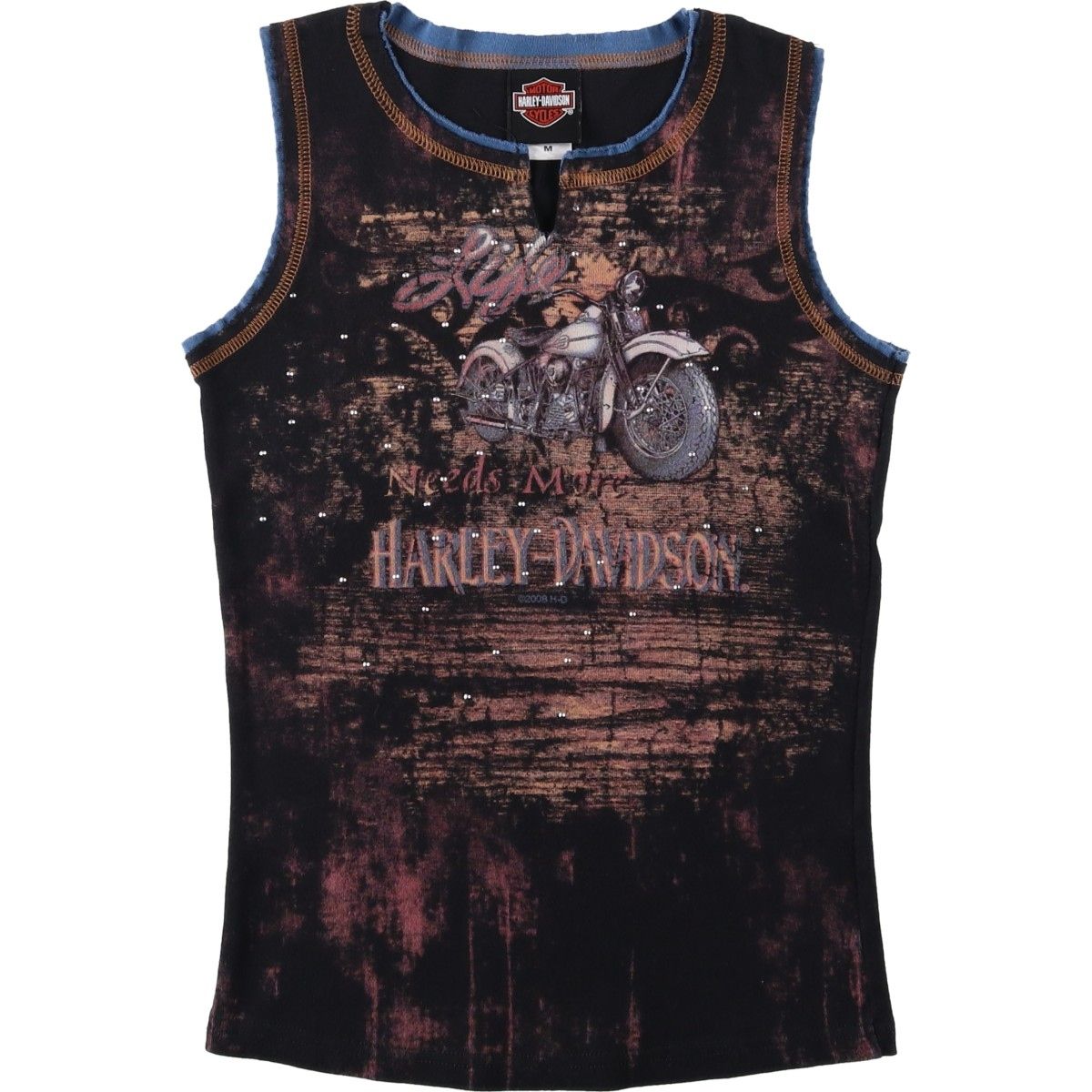 古着 00年代 ハーレーダビッドソン Harley-Davidson スリットネック ラインストーン付き 大判プリント モーターサイクル/eaa650463