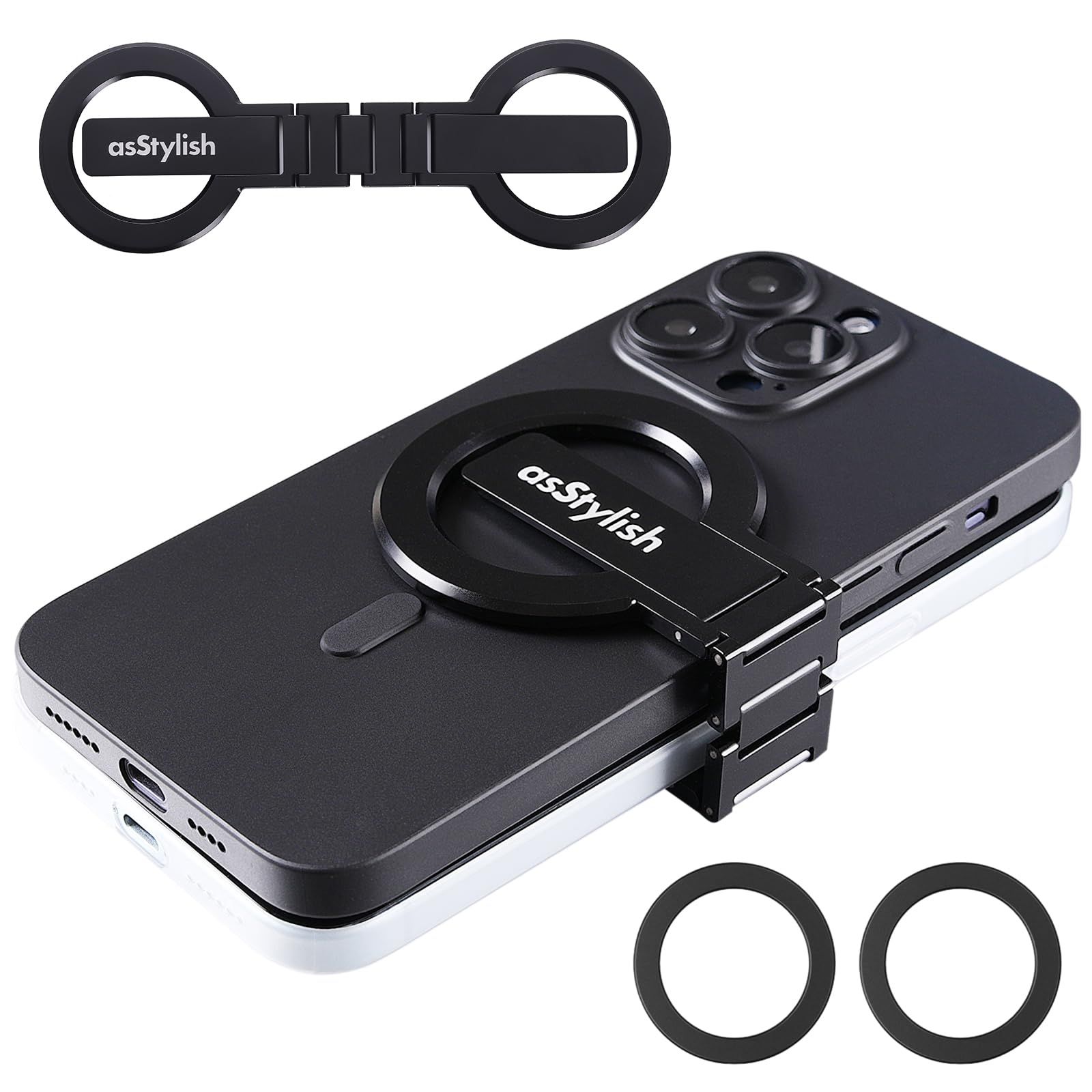 asStylish Twins Carry: iPhone と Android 用の磁気デュアル電話ホルダー | プロフェッショナル、旅行者、ゲーマー向けの軽量ソリューション | 仕事用と個人用に 2 台の電話を管理 (黒, 一般的な)