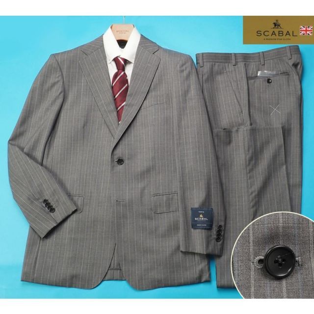 新品訳 大手百貨店扱い 日本製 春夏『Scabal スキャバル 英国製生地』ウール100% ストライプ スーツ A7灰 696341