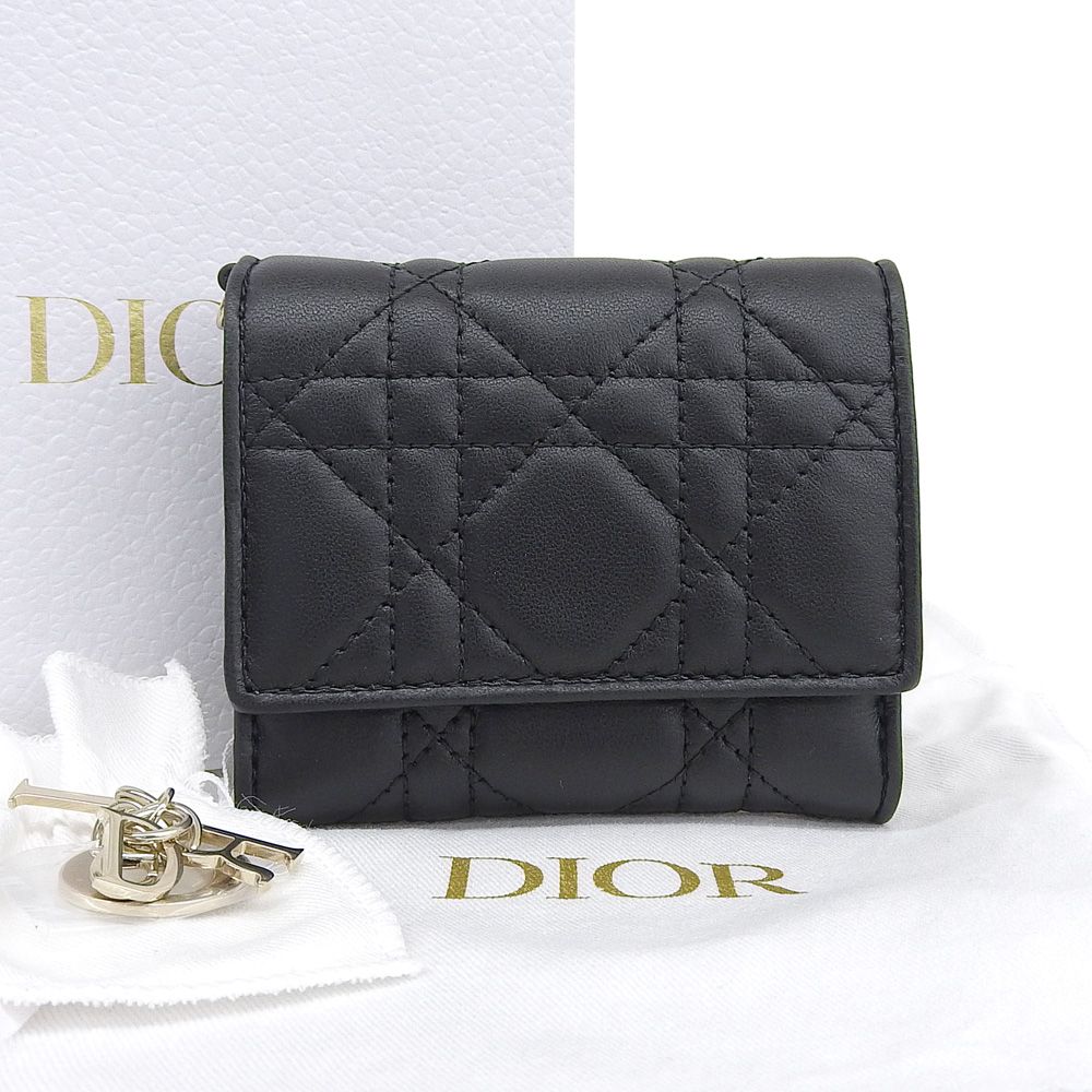 【本物保証】 箱・布袋付 新品同様 クリスチャンディオール CHRISTIAN DIOR カナージュ レディディオール ロータスウォレット 三つ折り財布