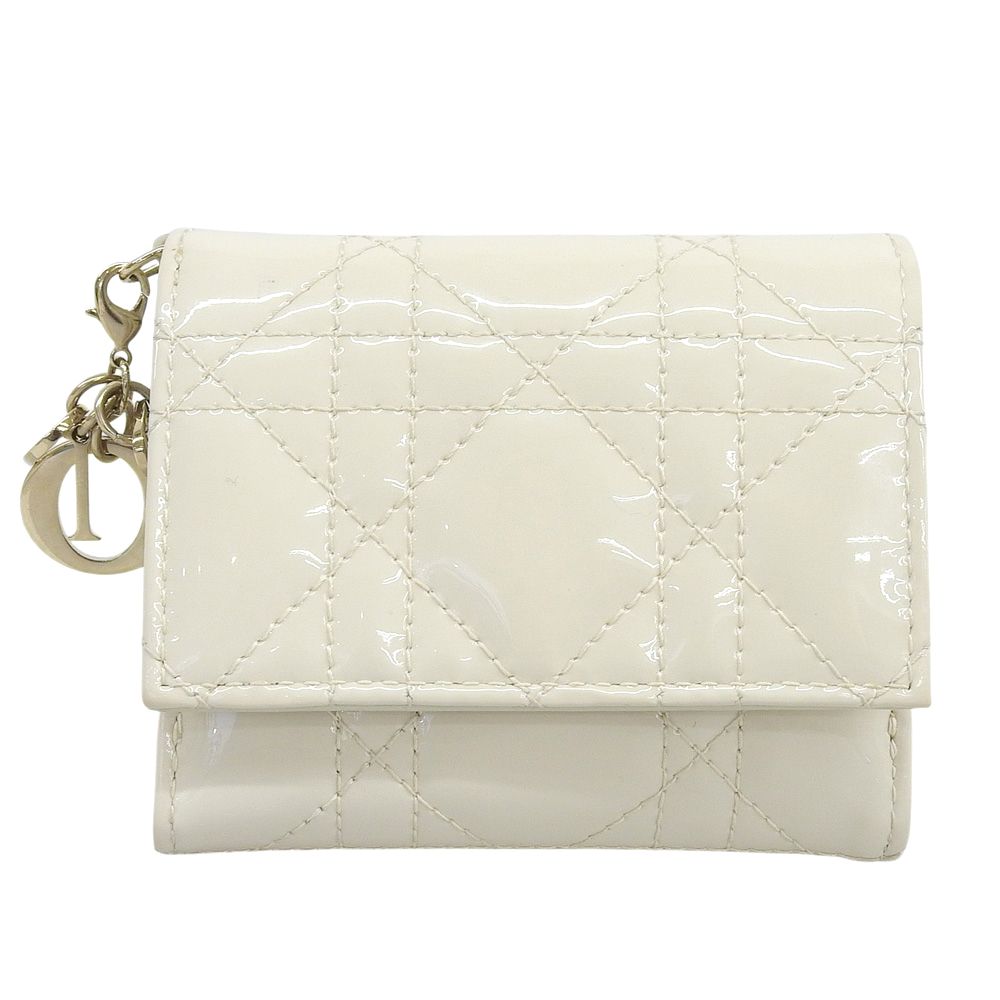 【本物保証】 クリスチャン ディオール CHRISTIAN DIOR カナージュ 三つ折り財布 パテントカーフレザー アイボリー