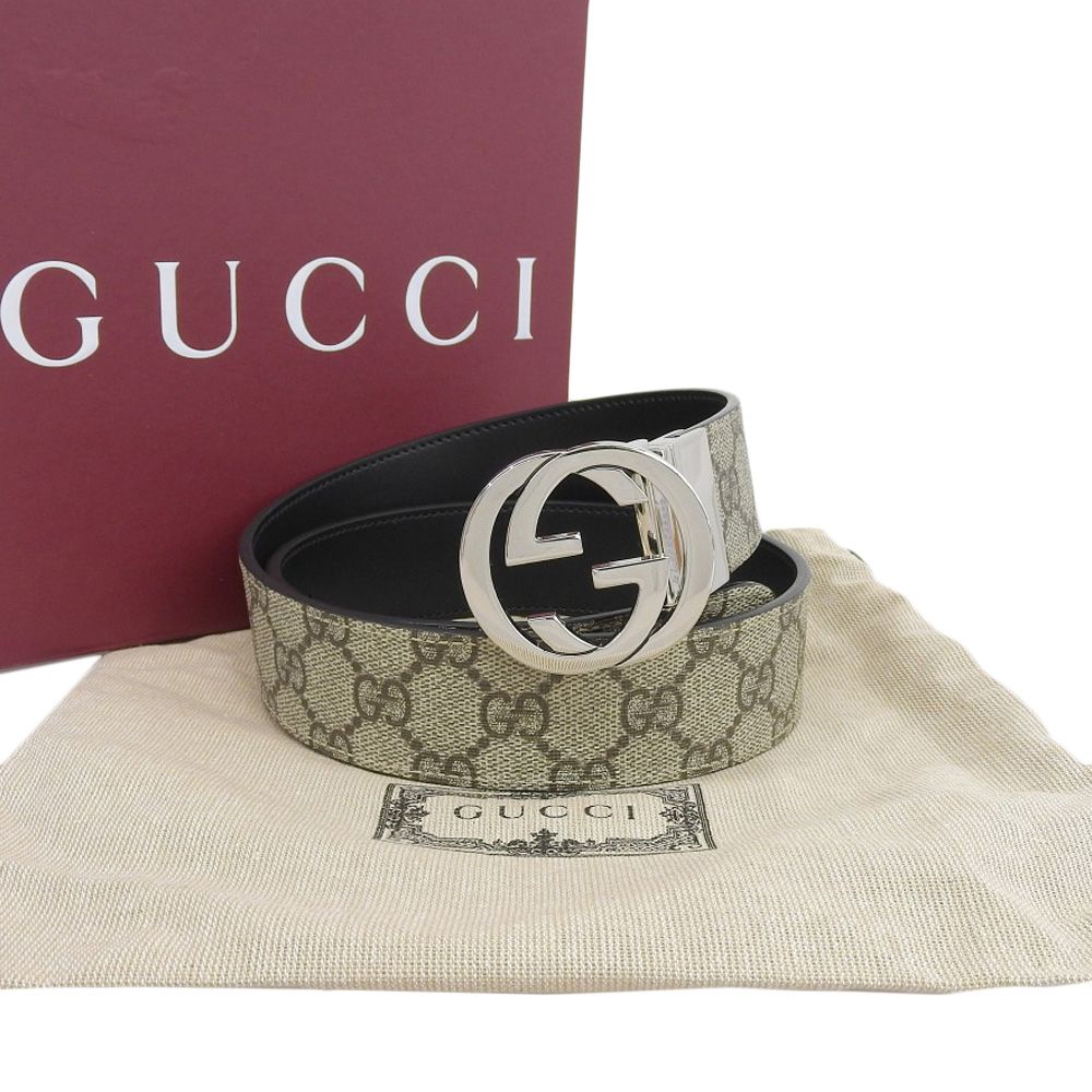 【本物保証】 箱・布袋付 新品同様 グッチ GUCCI GGスプリーム インターロッキングG 腰ベルト 473030 KGDHN 80/32 PVC SS ベージュ ロゴ