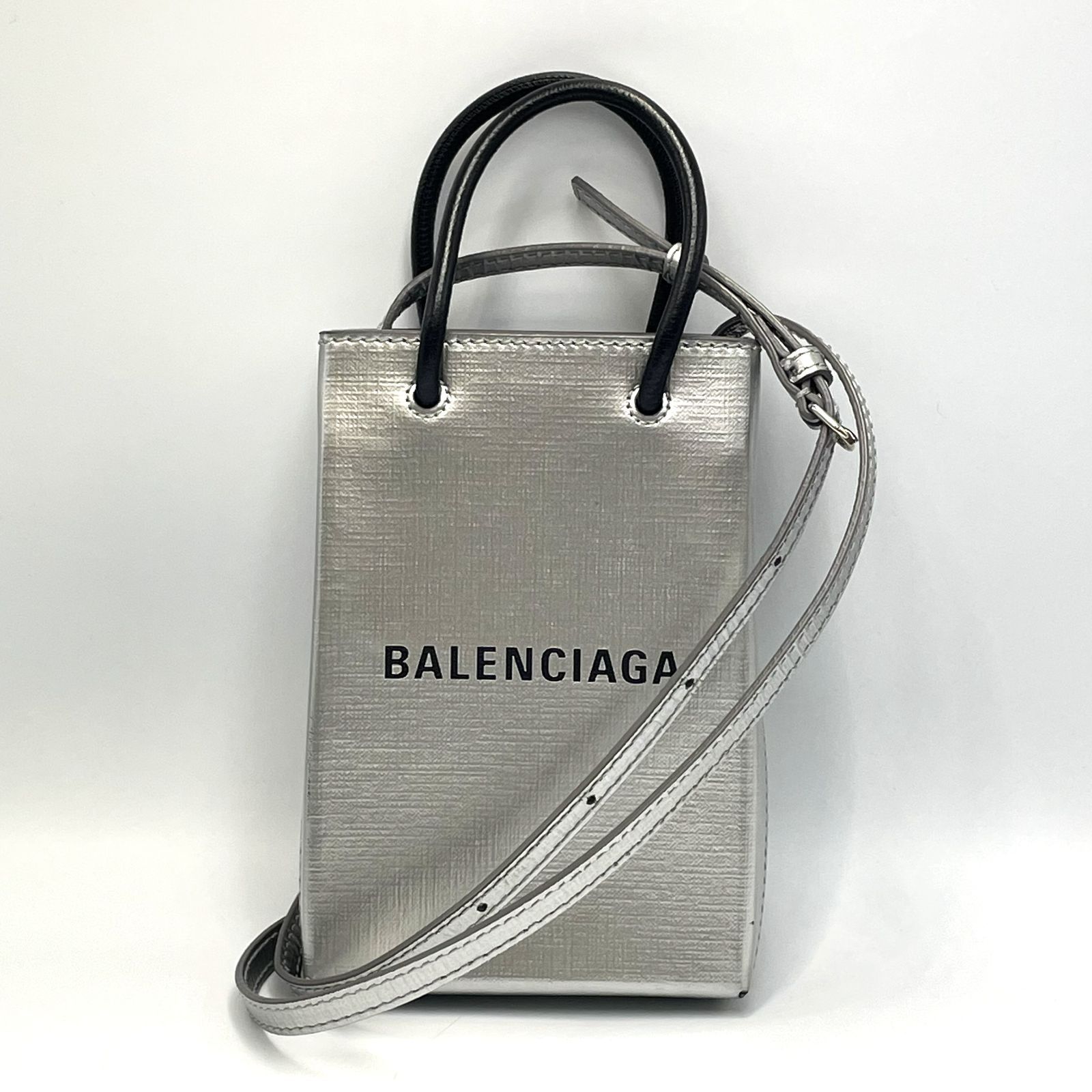 【小物のお出かけに便利なコンパクトショルダー】BALENCIAGA バレンシアガ ショッピング フォンホルダー 593826 シルバー レザー ミニバッグ ショルダーバッグ 2WAY ポシェット クロスボディ レディース ブランドバッグ 当店基準真贋確認済
