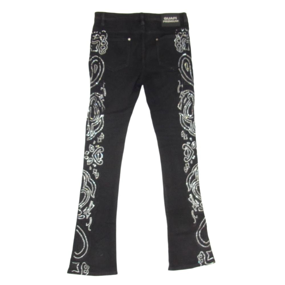 グアピ GUAPI PAISLEY BLACK DENIM ペイズリー ラインストーン フレア