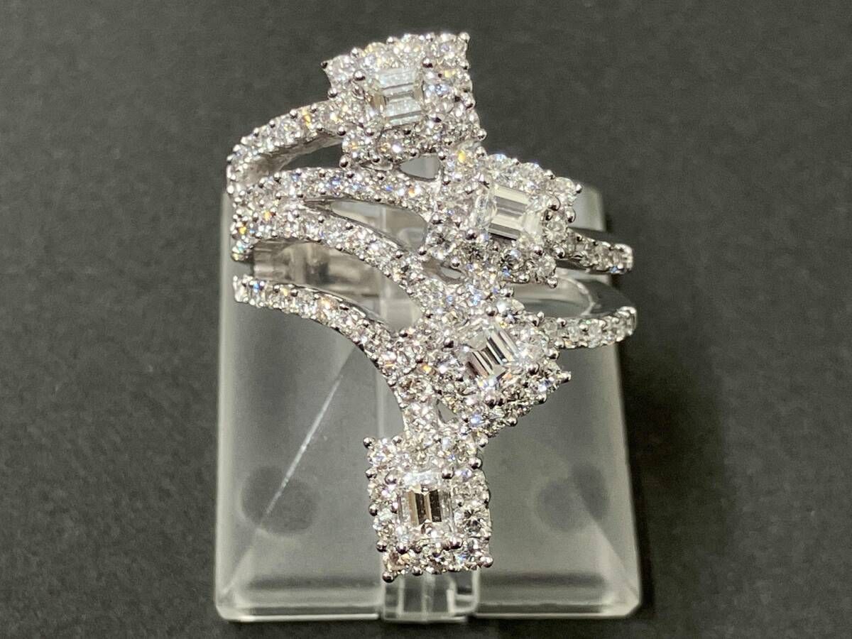 [Identification Card/ Cleaned] Total Weight Approx. 11.3 g, K18, Natural Diamond, 2.01 CT, Approx. 12 Square Design White Gold Ring