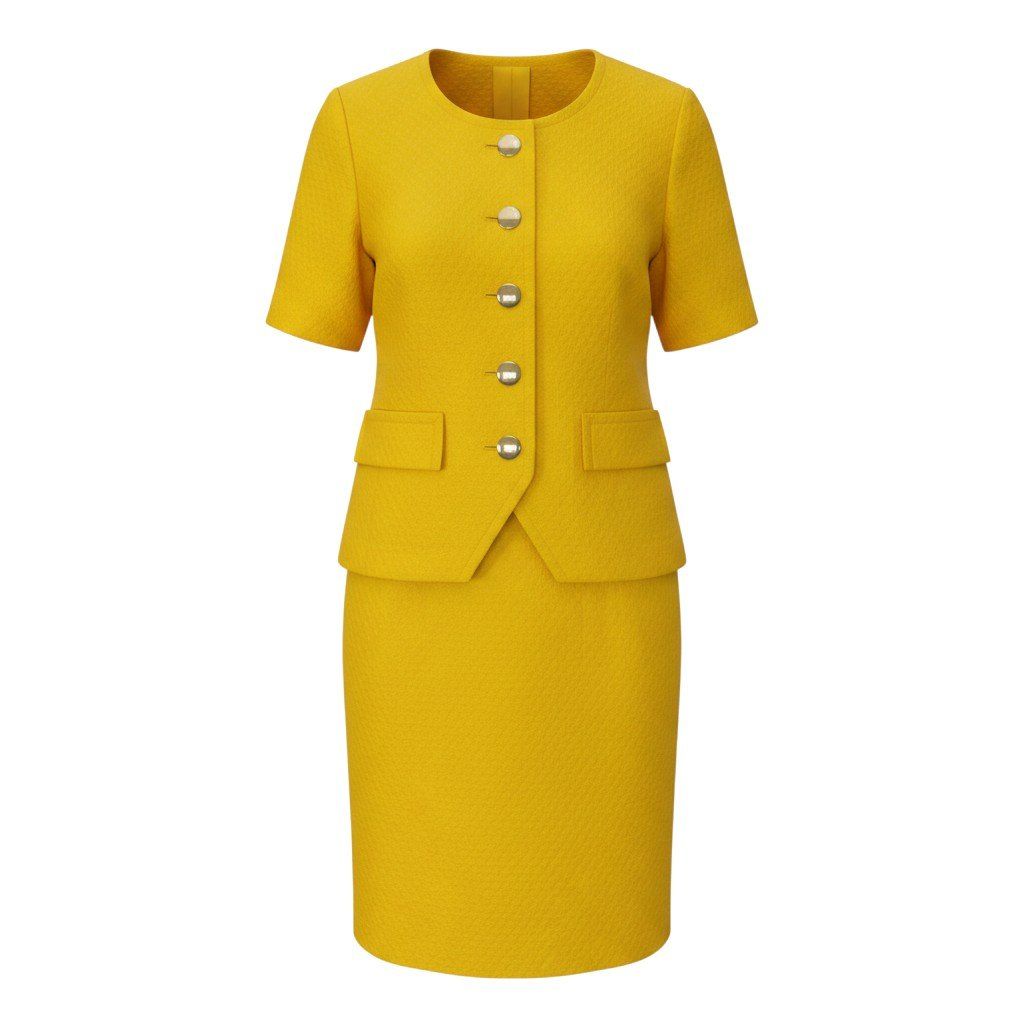29f15 YVES SAINT LAURENT イヴサンローラン セットアップ 金ボタン 半袖ジャケット スカート Lサイズ イエロー コットン レディースo07t
