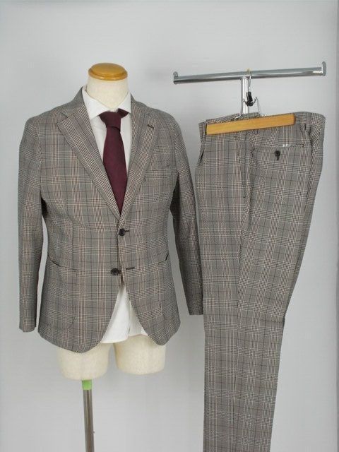 定価6.49万 新品 特価セール 英国ブランド ITALY MARUZOTTO マルゾット 高級ブランド ブラウン系 チェック サマーウール 毛 シングル サマースーツ AB4 S M 春 夏 オールシーズン サイドベント イタリア生地 セットアップ 464