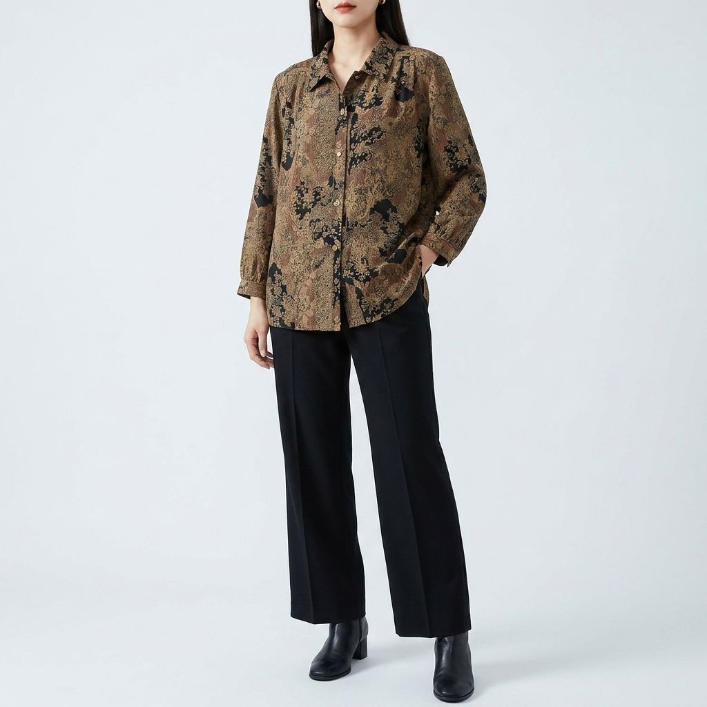 レトロ 総柄シャツ ブラウス 長袖 ブラウン 13R ヴィンテージ - メルカリ