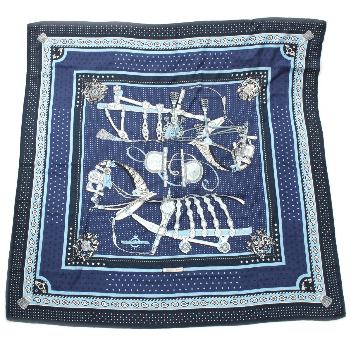 エルメス カレジェアン140 カシミヤ シルク HARNAIS DE COUR BANDANA 大判 スカーフ ショール H243935S ネイビー ブルー【中古】
