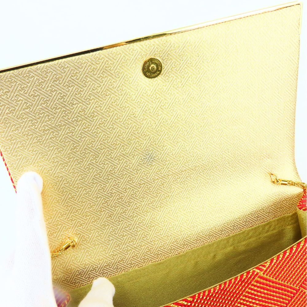 中古】 和装バッグ 草履セット 正絹(金銀糸除く) レッド ゴールド 組紐