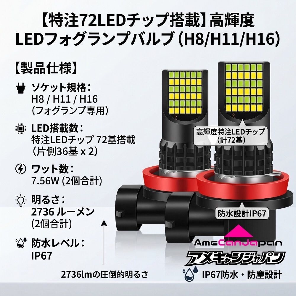 AmeCanJapan デリカ D5 CV5W 適合 LED フォグランプ 2個セット H8 H11