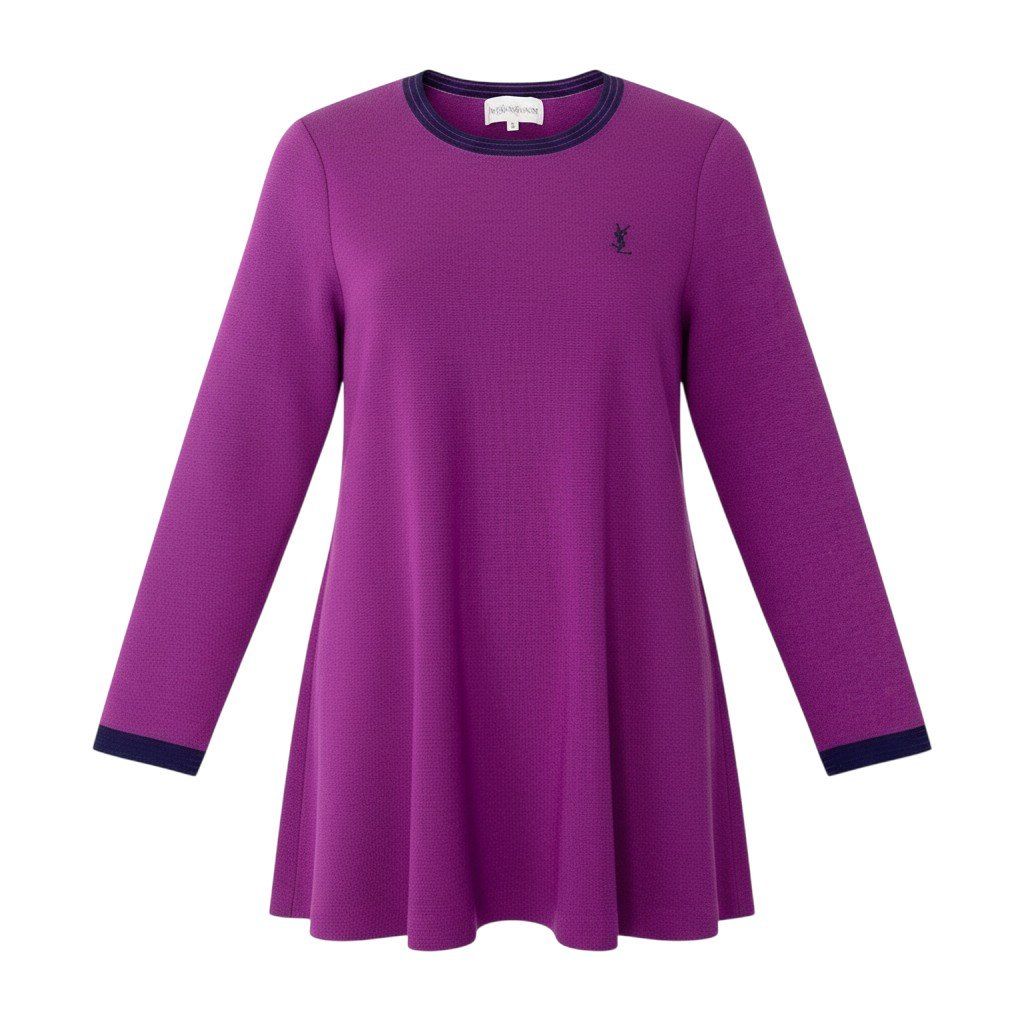29f15 YVES SAINT LAURENT イヴサンローラン YSLロゴ フレアニットセーター チュニック丈 バイカラー サイズL パープル ネイビー ウール100％ レディース女性用u02t