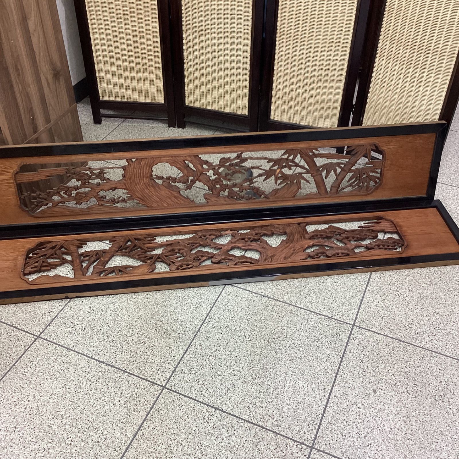 ② 大阪欄間 屋久杉 一対2枚組 新品 長期保管 彫刻欄間 和室 DIY -