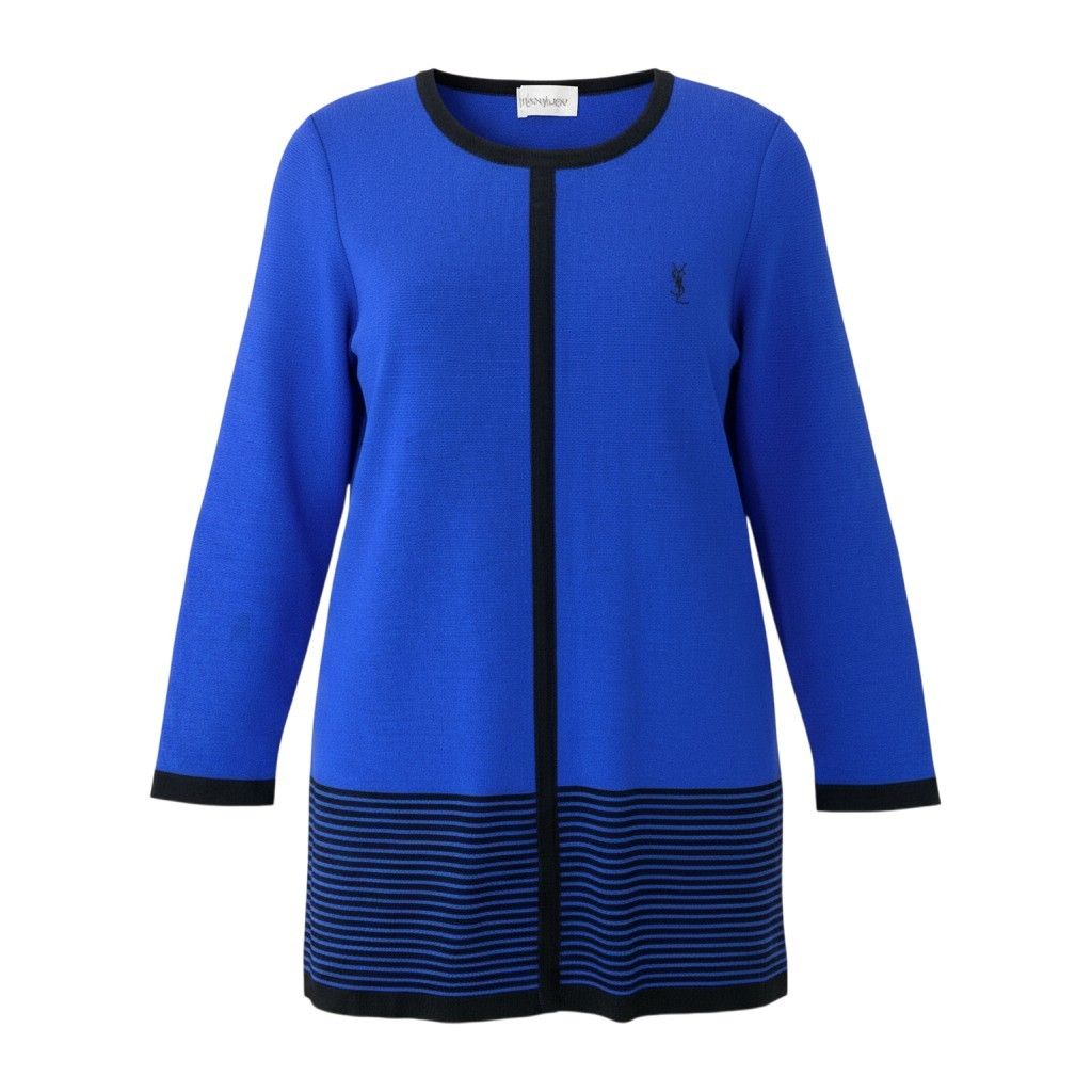 33f15 YVES SAINT LAURENT イヴサンローラン YSLロゴ ニットセーター チュニック丈 ボーダー柄 バイカラー サイズＭ ブルー ブラック ウール100％ レディース 女性用u02t 17,928円