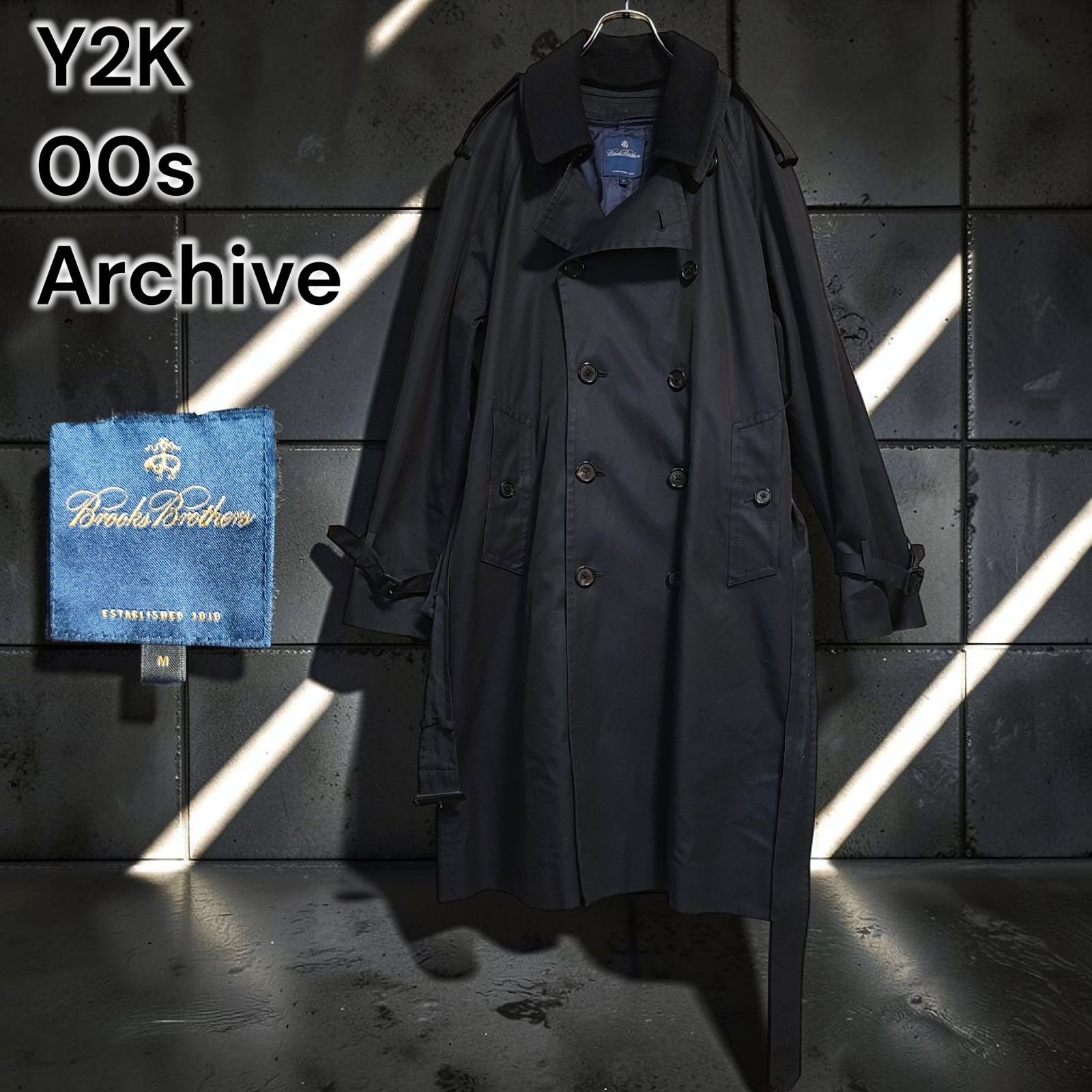 00s Brooks Brothers Y2K Archive トレンチコート ロング 黒 カシミヤ混 ウールライナー 脱着 ダブル ビジネス カジュアル 極上素材 高密度 コットン キュプラ モード アウター Coat Black XLサイズ相当