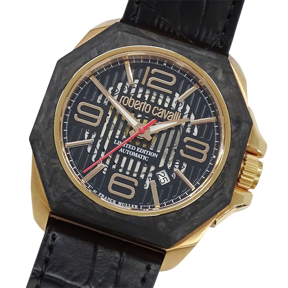 ロベルト・カヴァリ roberto cavalli バイ フランクミュラー RV1G077L0051 時計 メンズ ブランド デイト 自動巻き AT ステンレス SS カーボン レザー 裏スケ【中古】