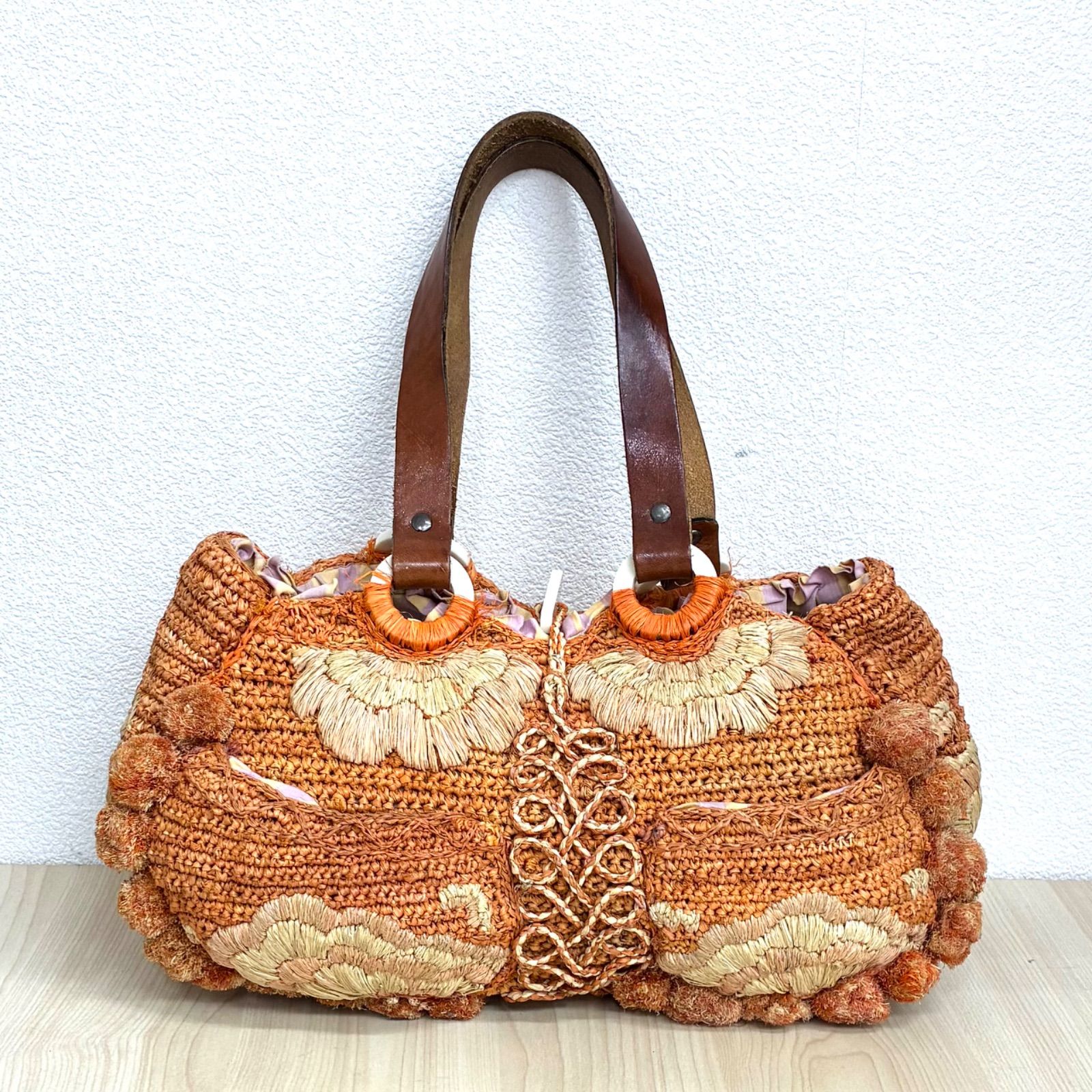 『JAMIN PUECH』オレンジ編み込みかごバッグ ジャマンピュエッシュJAMIN PUECH】装飾カゴバッグ 保存袋付 オレンジ