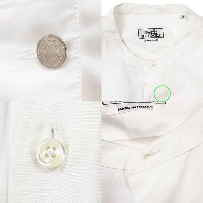 【新品同様】HERMES エルメス 長袖シャツ サイズ 39 メンズ レディース ユニセックス ノーカラー セリエボタン コットン100% シルク装飾 トップス ボタン付属 ホワイト 白 フランス製 新品同様】HERMES エルメス 長袖シャツ サイズ 39 メンズ レディース