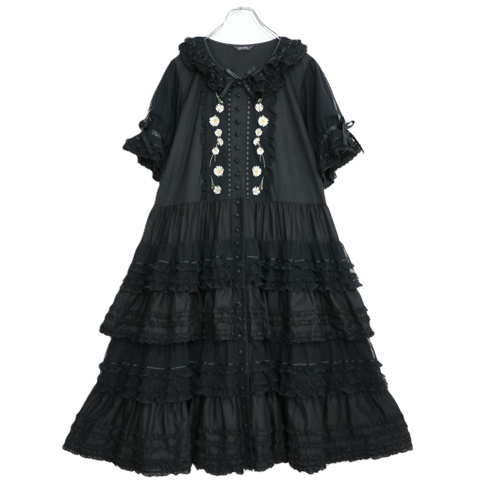【極美品】ピンクハウス★ボルガドットチュール♪かぶせ段々フリルのローンワンピース 黒系 前開き ひなぎく刺繍♪ z21074