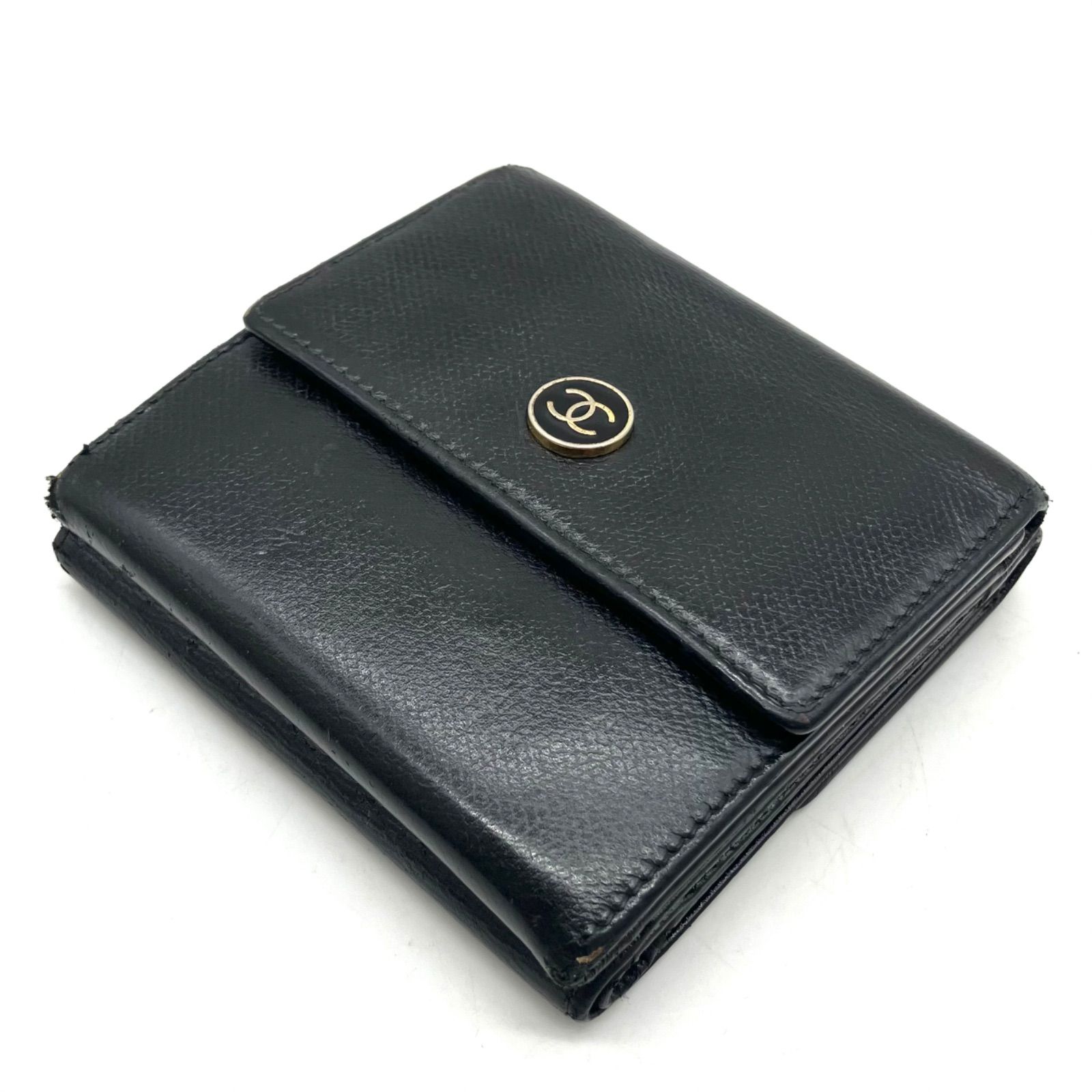 H374【お買い得】CHANEL 財布 ブラック 三つ折り ココボタン キャビアスキン