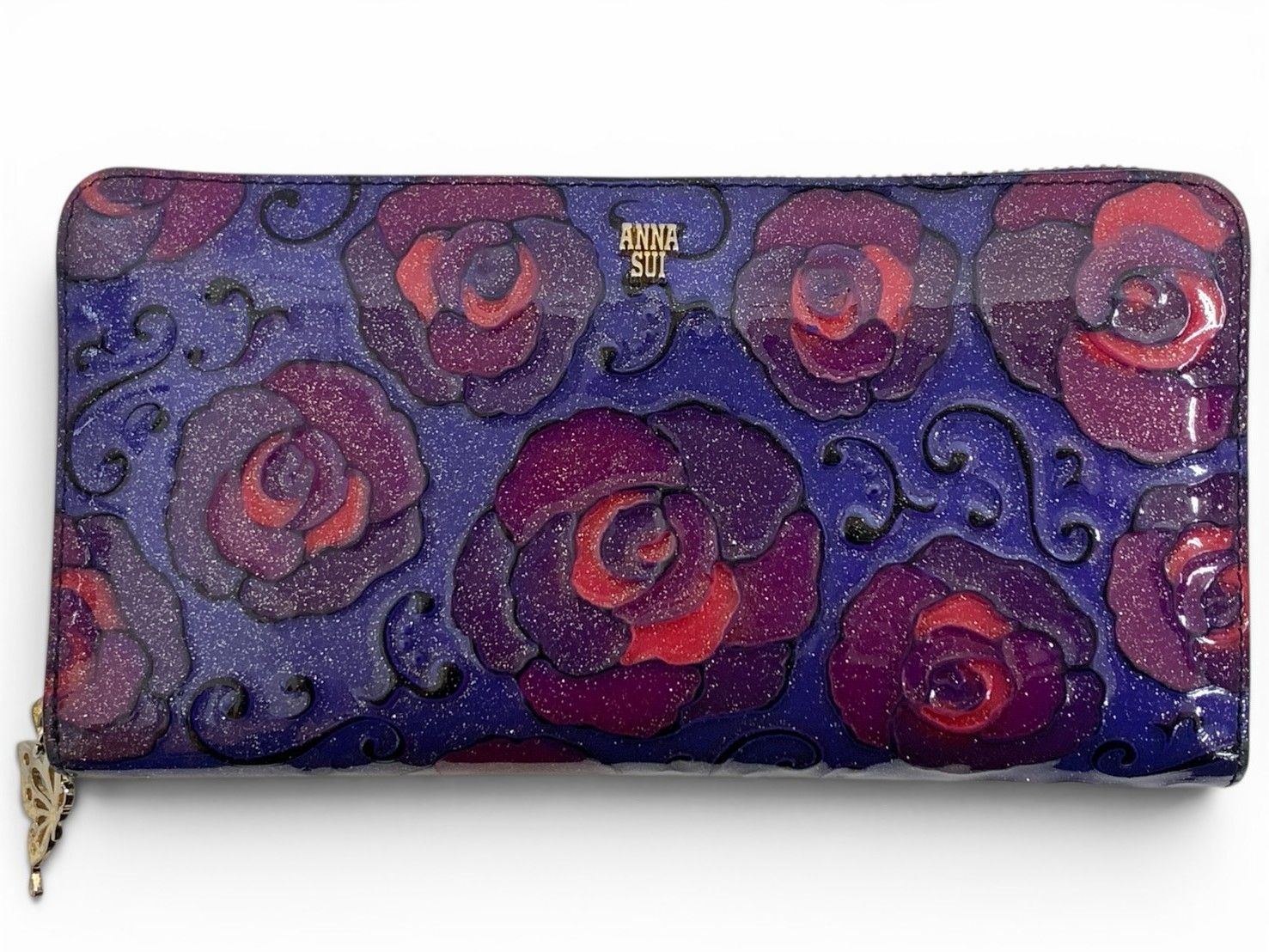 ANNA SUI (アナスイ) 長財布 ウォレット 花柄 ラウンドファスナー マジカルローズ エナメル パープル レディース/004