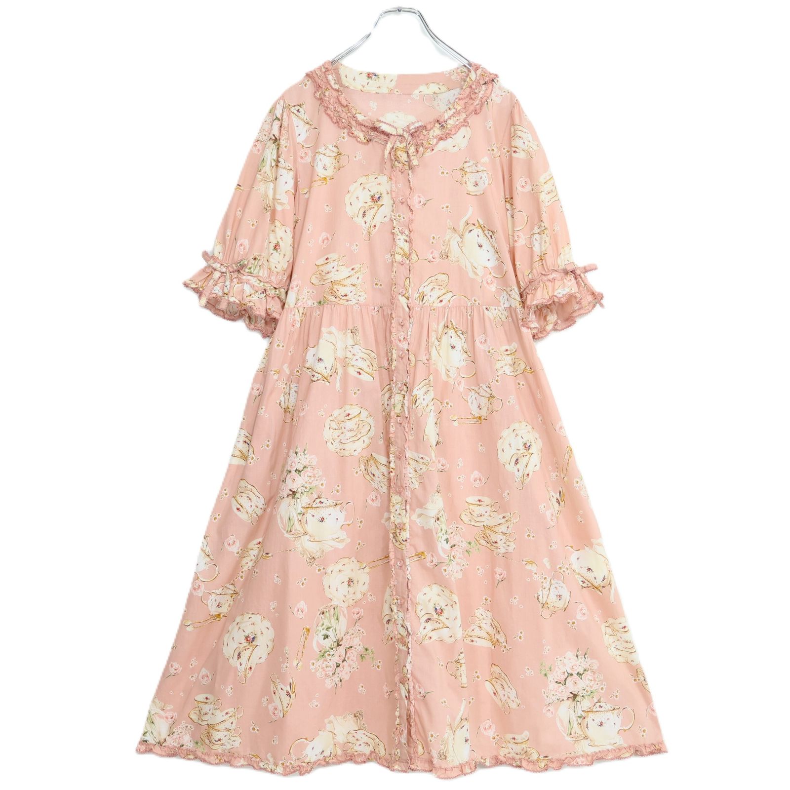 【極美品】ピンクハウス★ティータイムpt♪ミディ丈ローンワンピース ピンク系 ティーカップpt♪フリル&リボン♪2023年 z21079