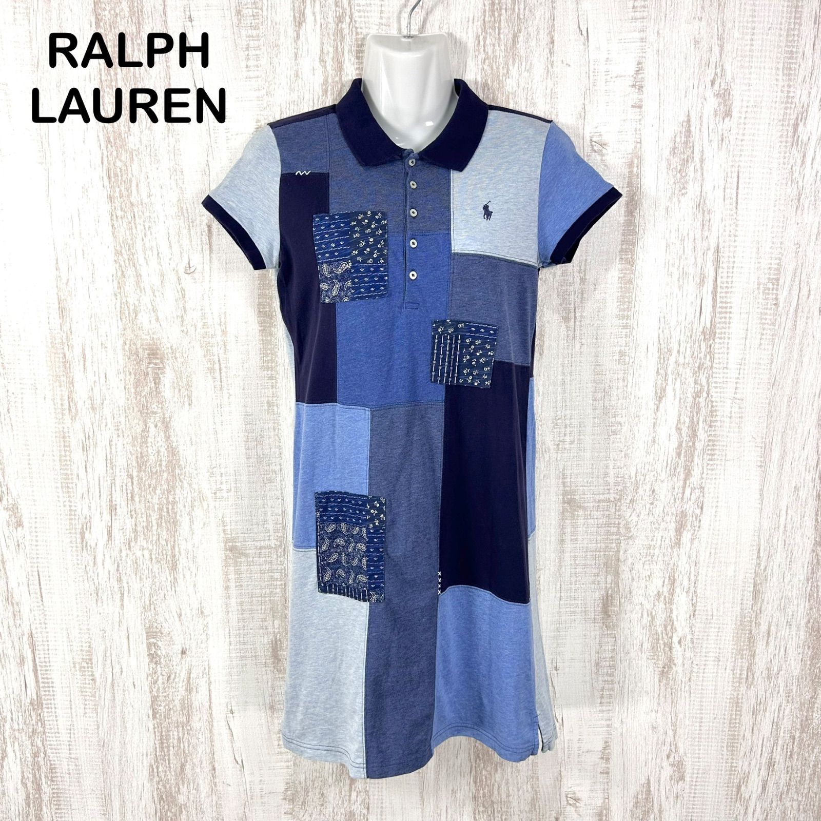 RALPH LAUREN ラルフローレン ポニーロゴ刺繡 パッチワーク ポロシャツワンピース ブルー 6,800円