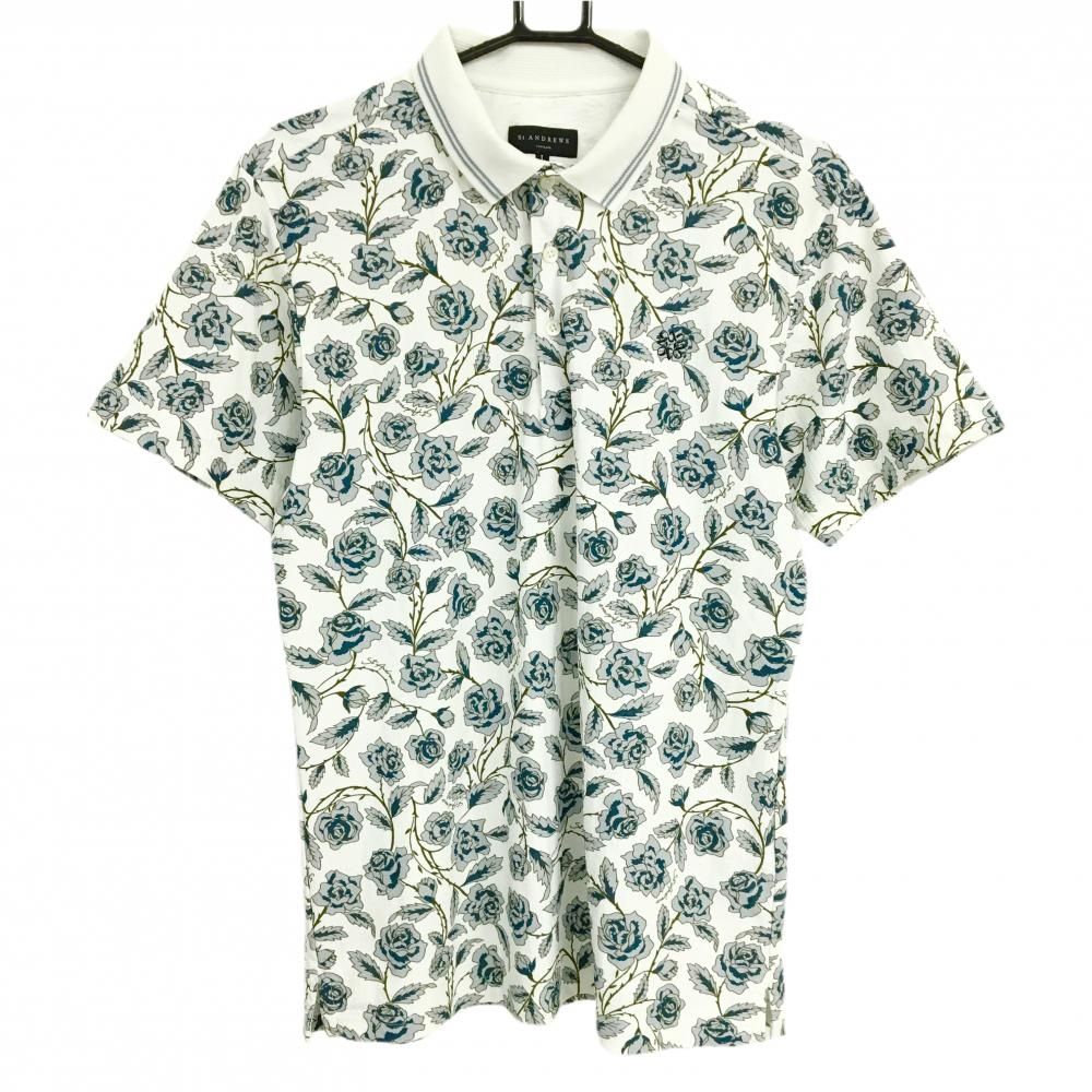 【超美品】セントアンドリュース 半袖ポロシャツ 白×グレー バラ総柄 ロゴ メンズ L ゴルフウェア St ANDREWS
